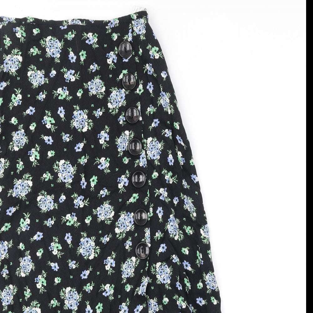 Stradivarius Womens Black Floral Polyester Peasant Skirt Size 10 Zip