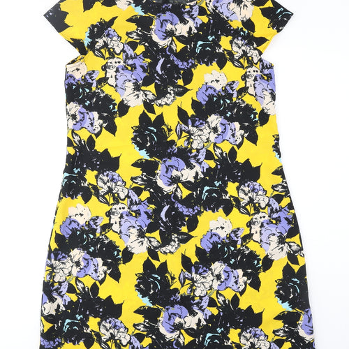River Island Womens Yellow Floral Polyester Shift Size 10 Scoop Neck Button