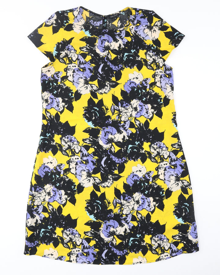 River Island Womens Yellow Floral Polyester Shift Size 10 Scoop Neck Button