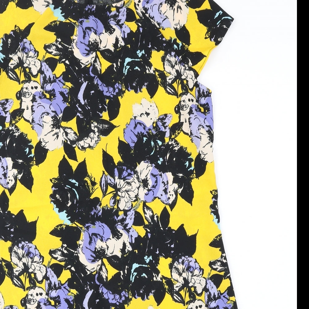 River Island Womens Yellow Floral Polyester Shift Size 10 Scoop Neck Button