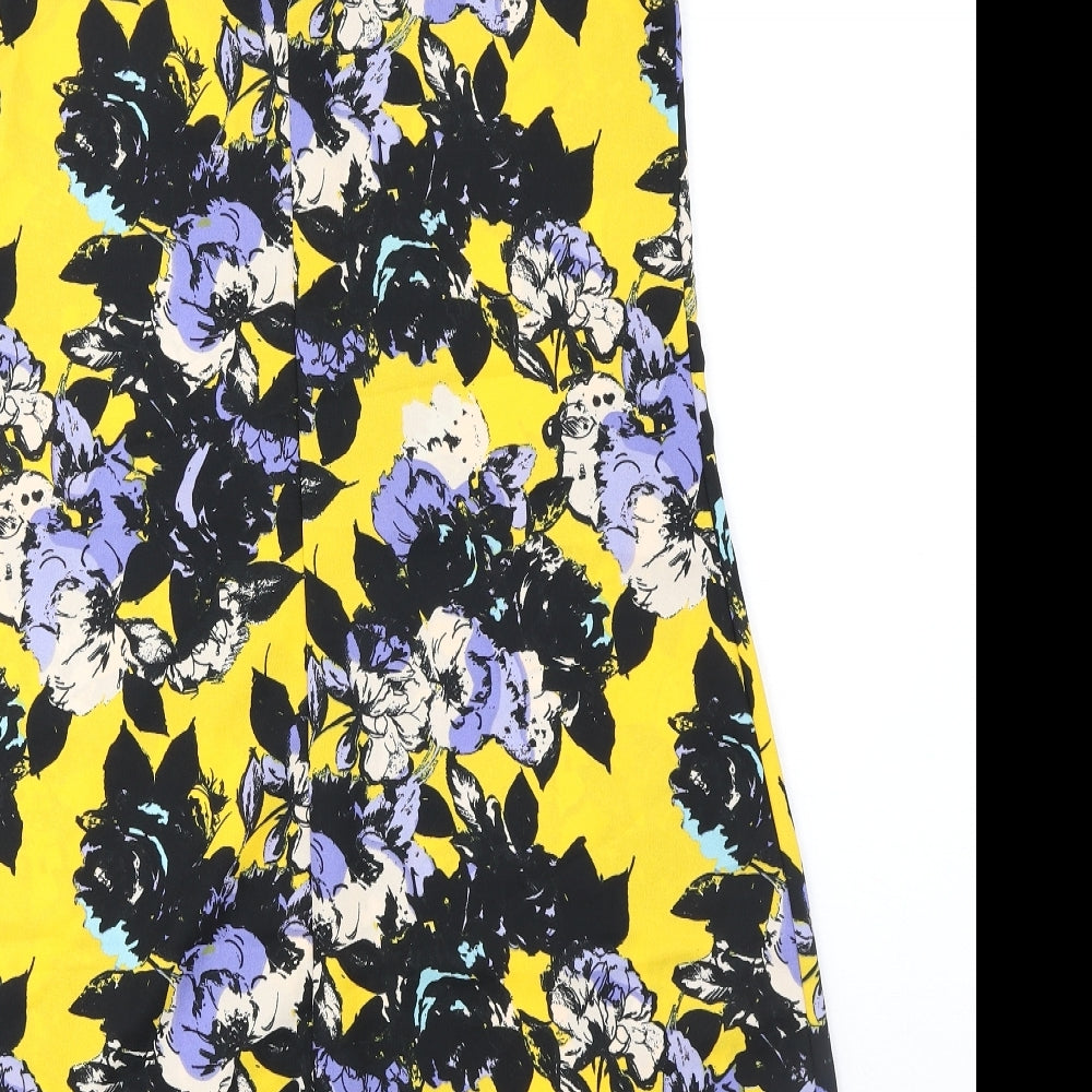 River Island Womens Yellow Floral Polyester Shift Size 10 Scoop Neck Button