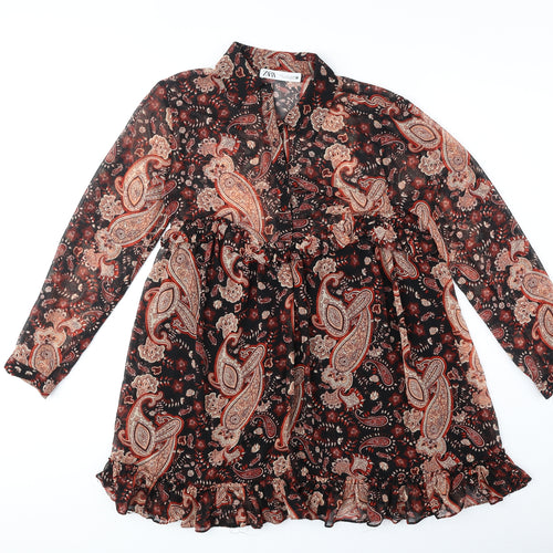 Zara Womens Orange Paisley Polyester Shirt Dress Size S Collared Button