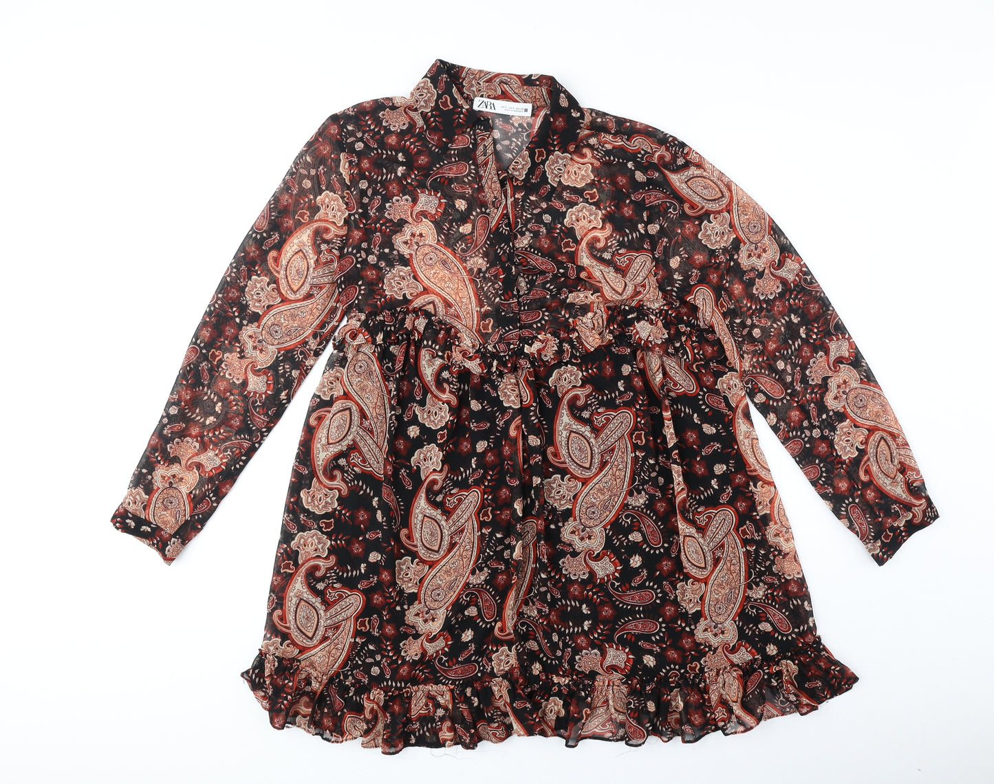 Zara Womens Orange Paisley Polyester Shirt Dress Size S Collared Button