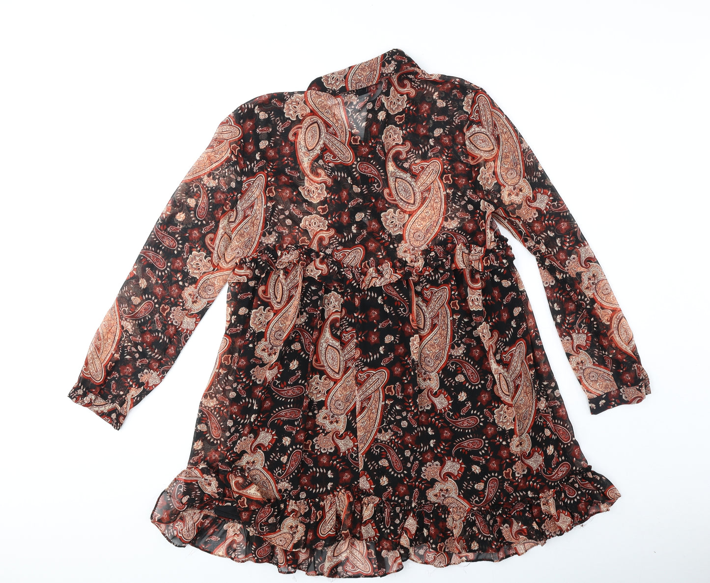Zara Womens Orange Paisley Polyester Shirt Dress Size S Collared Button