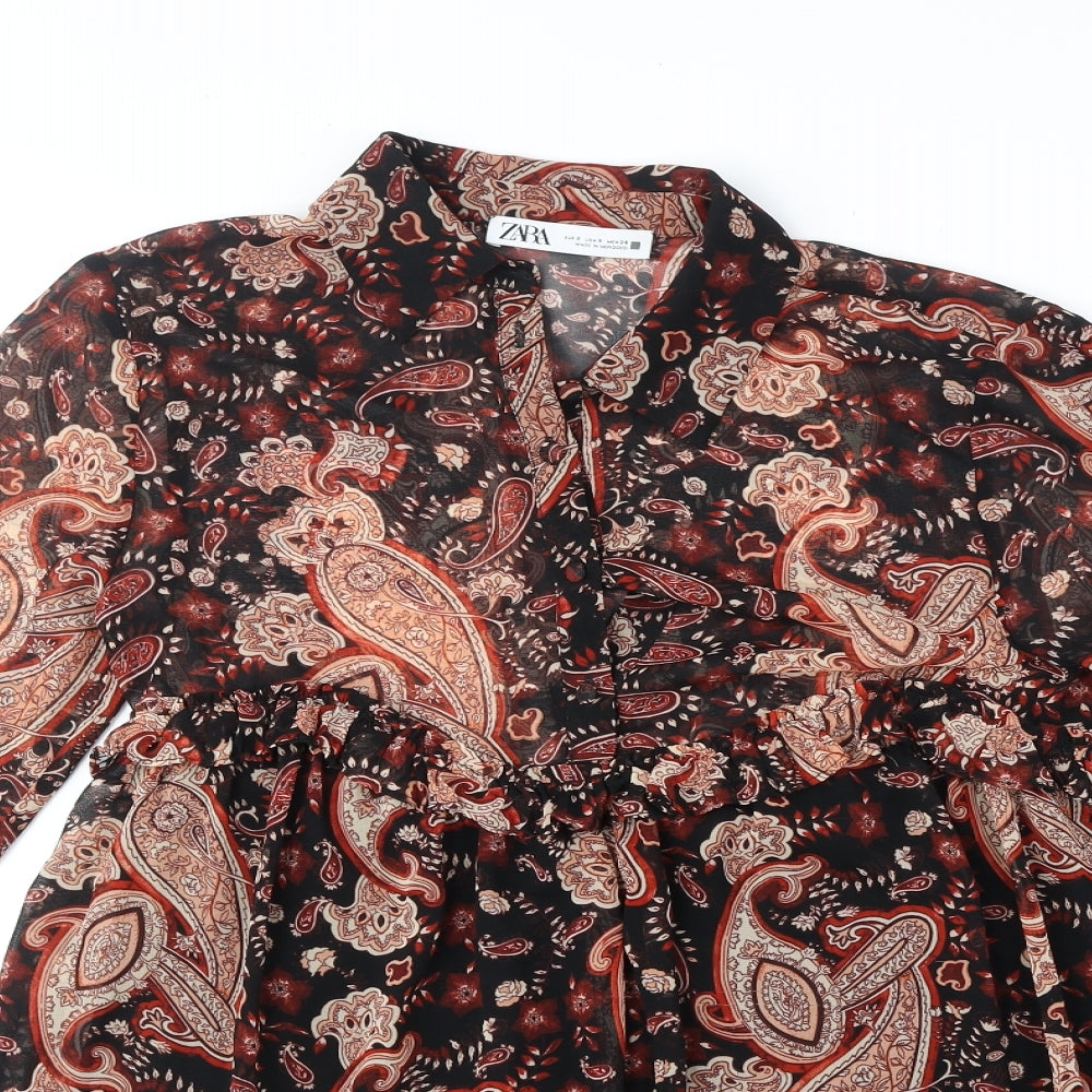Zara Womens Orange Paisley Polyester Shirt Dress Size S Collared Button