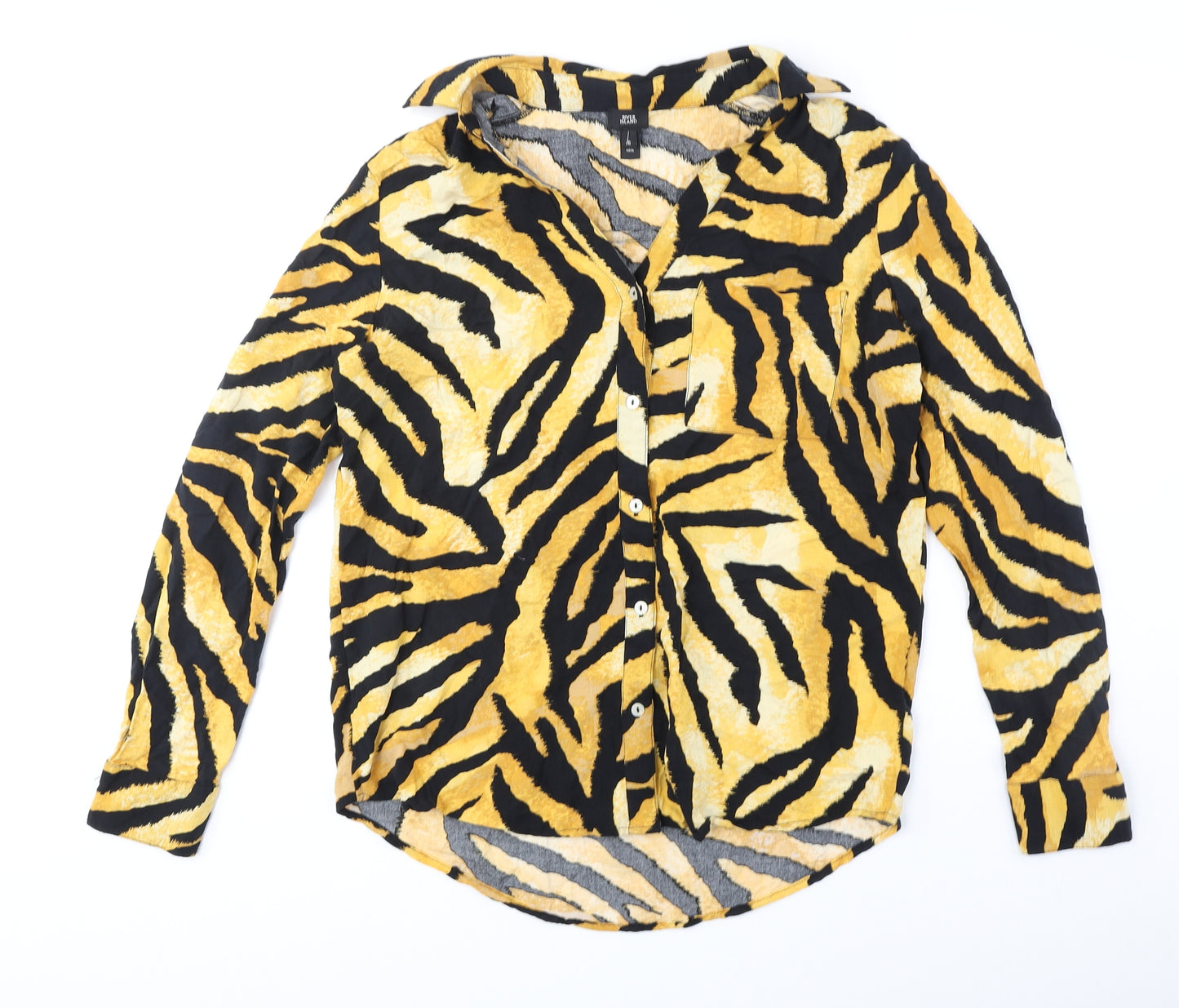 River Island Womens Yellow Animal Print Polyester Basic Button-Up Size 6 Collared - Tiger Print