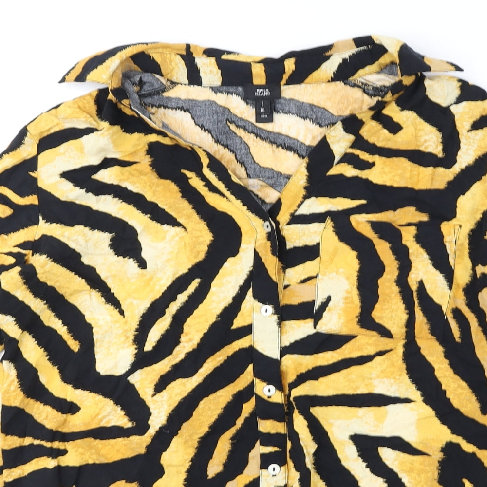 River Island Womens Yellow Animal Print Polyester Basic Button-Up Size 6 Collared - Tiger Print