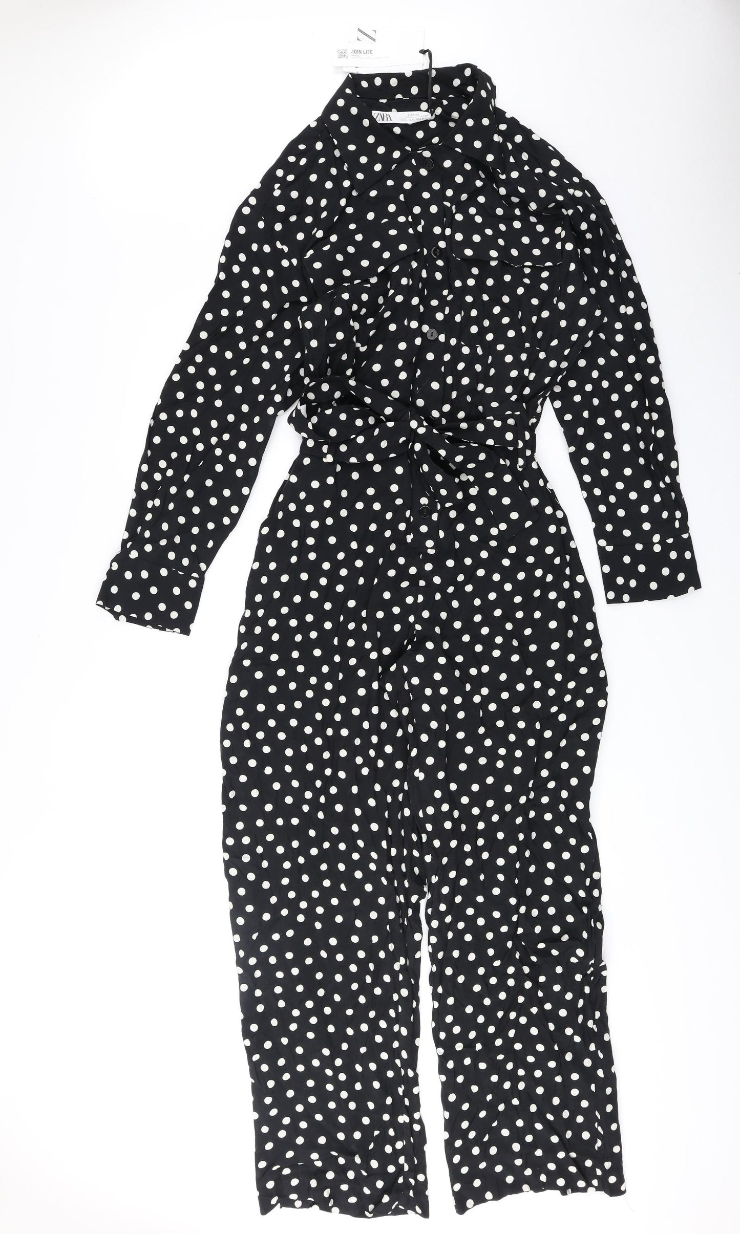 Zara Womens Black Polka Dot Polyester Jumpsuit One-Piece Size L Button