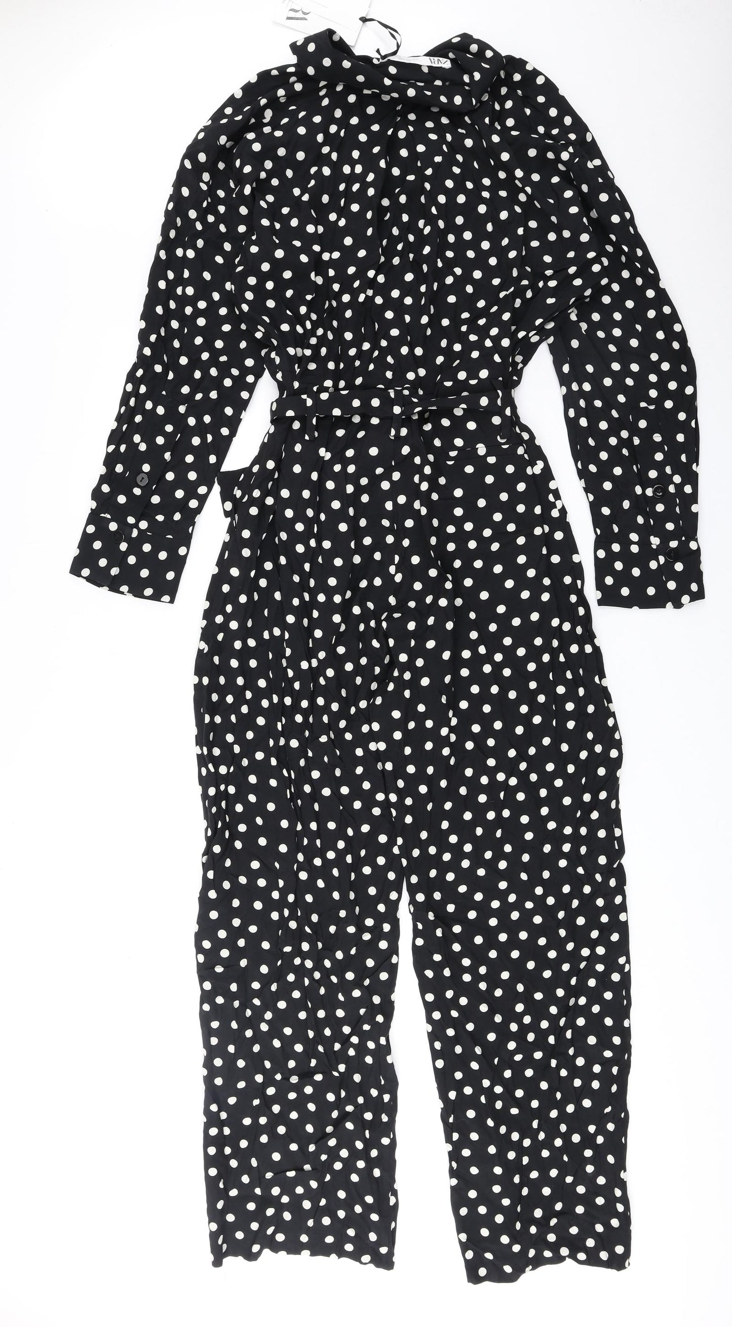 Zara Womens Black Polka Dot Polyester Jumpsuit One-Piece Size L Button