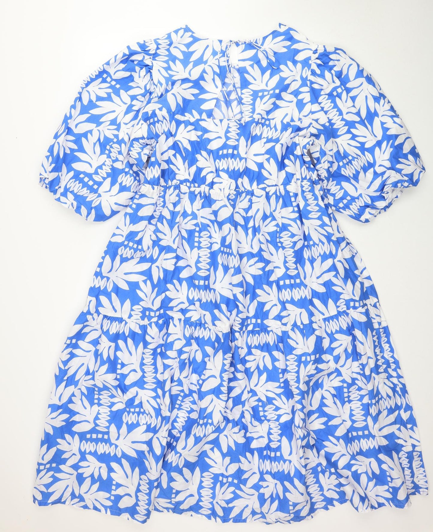 Marks and Spencer Womens Blue Floral Cotton A-Line Size 14 Scoop Neck Tie