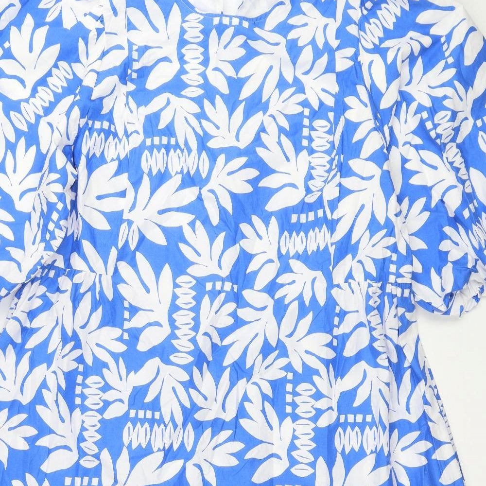 Marks and Spencer Womens Blue Floral Cotton A-Line Size 14 Scoop Neck Tie
