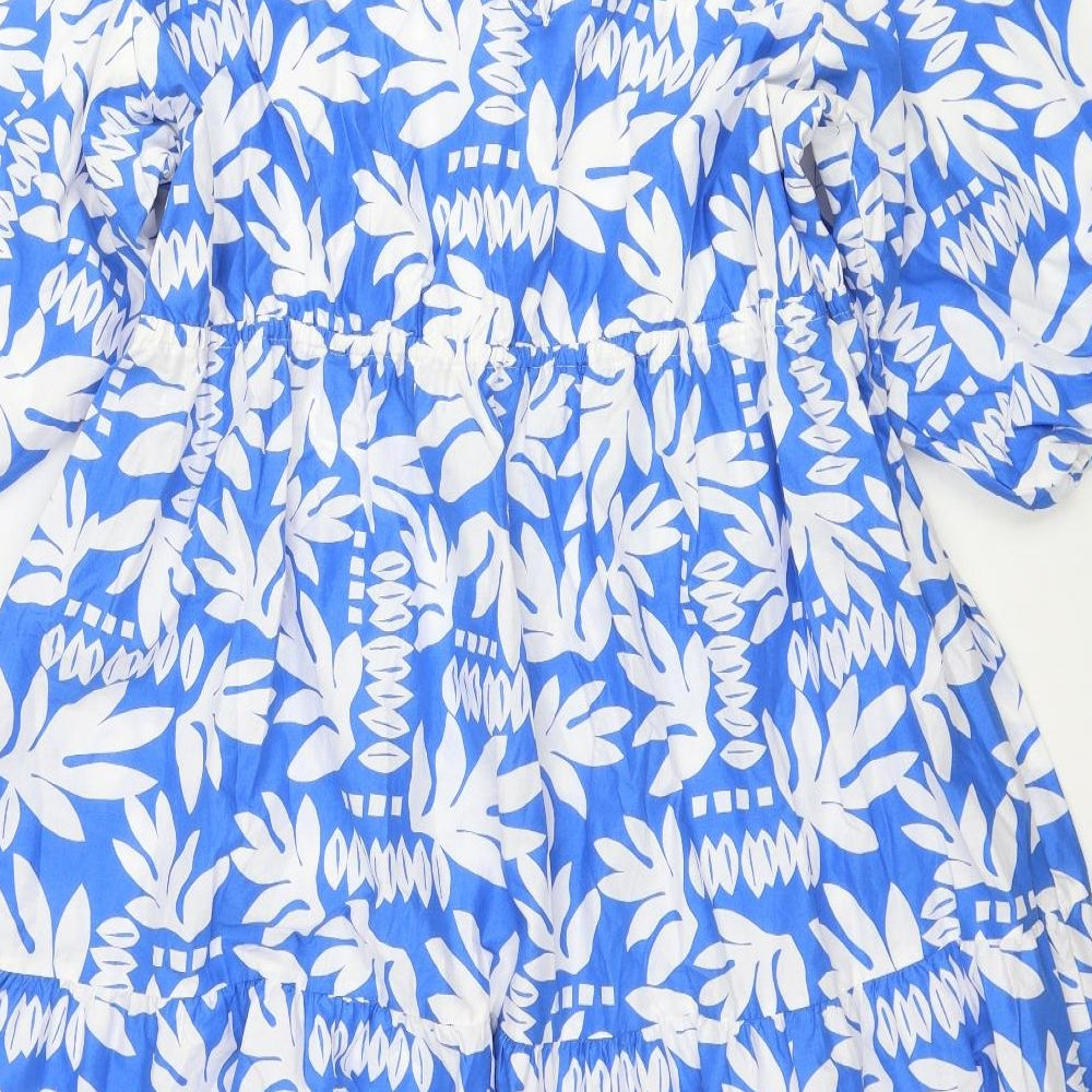 Marks and Spencer Womens Blue Floral Cotton A-Line Size 14 Scoop Neck Tie