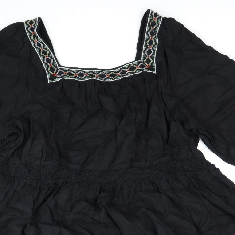 Marks and Spencer Womens Black Geometric Linen Fit & Flare Size 24 Square Neck Pullover