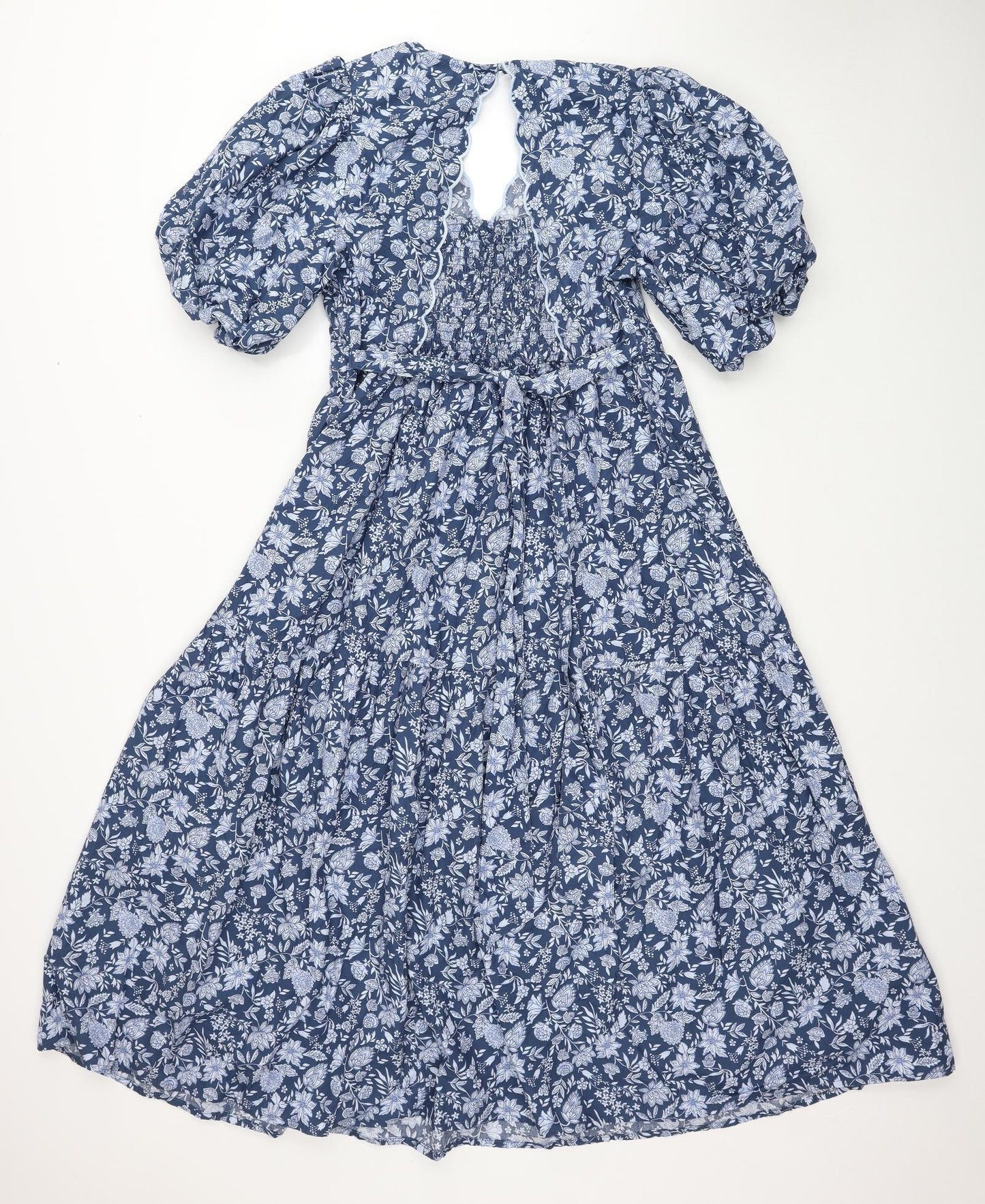 Marks and Spencer Womens Blue Floral Cotton Trapeze & Swing Size 12 V-Neck Button