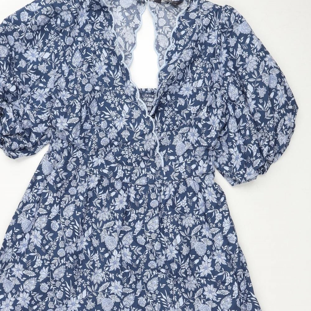 Marks and Spencer Womens Blue Floral Cotton Trapeze & Swing Size 12 V-Neck Button