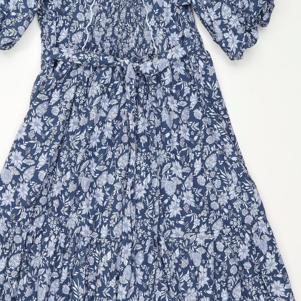 Marks and Spencer Womens Blue Floral Cotton Trapeze & Swing Size 12 V-Neck Button