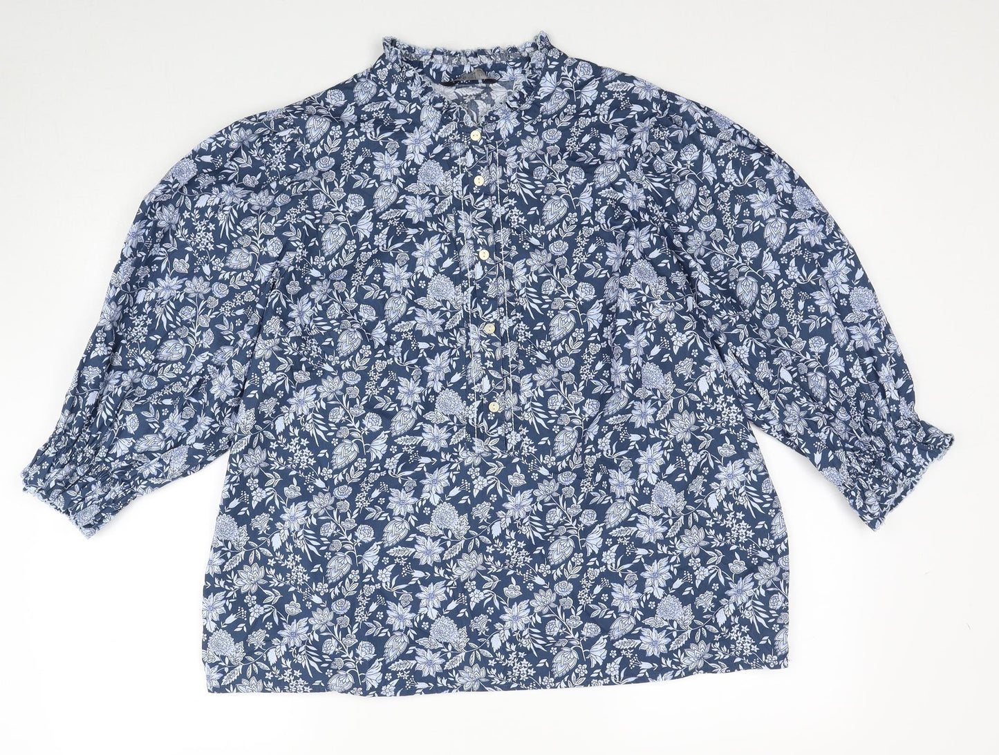 Marks and Spencer Womens Blue Floral Cotton Basic Blouse Size 16 Round Neck