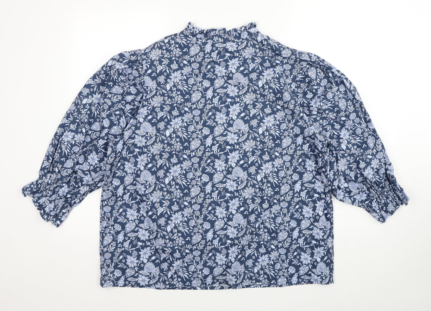 Marks and Spencer Womens Blue Floral Cotton Basic Blouse Size 16 Round Neck