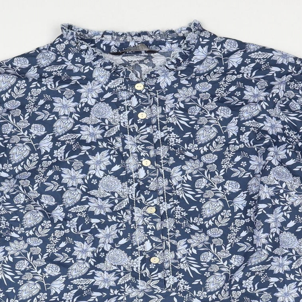 Marks and Spencer Womens Blue Floral Cotton Basic Blouse Size 16 Round Neck