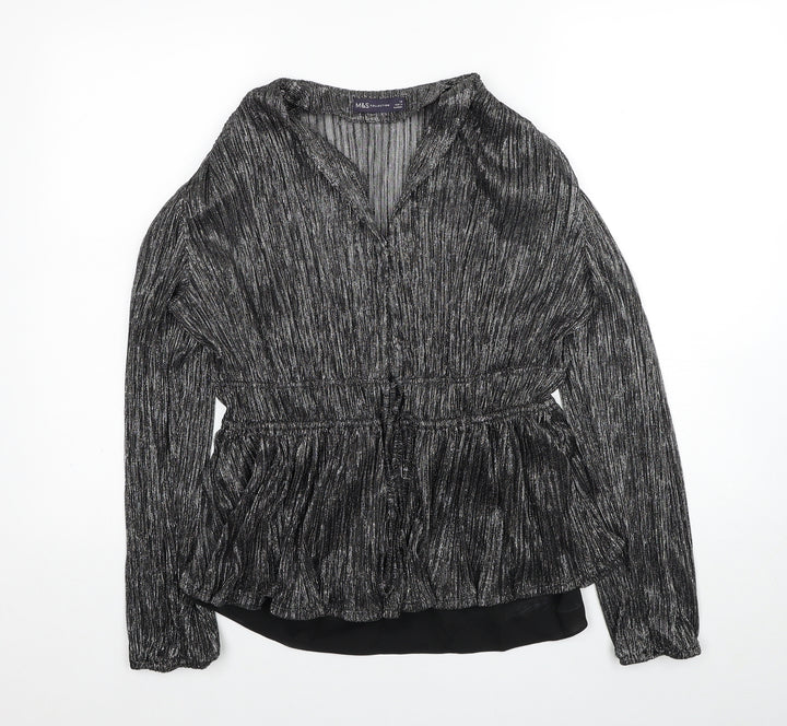 Marks and Spencer Womens Black Polyester Basic Blouse Size 10 V-Neck