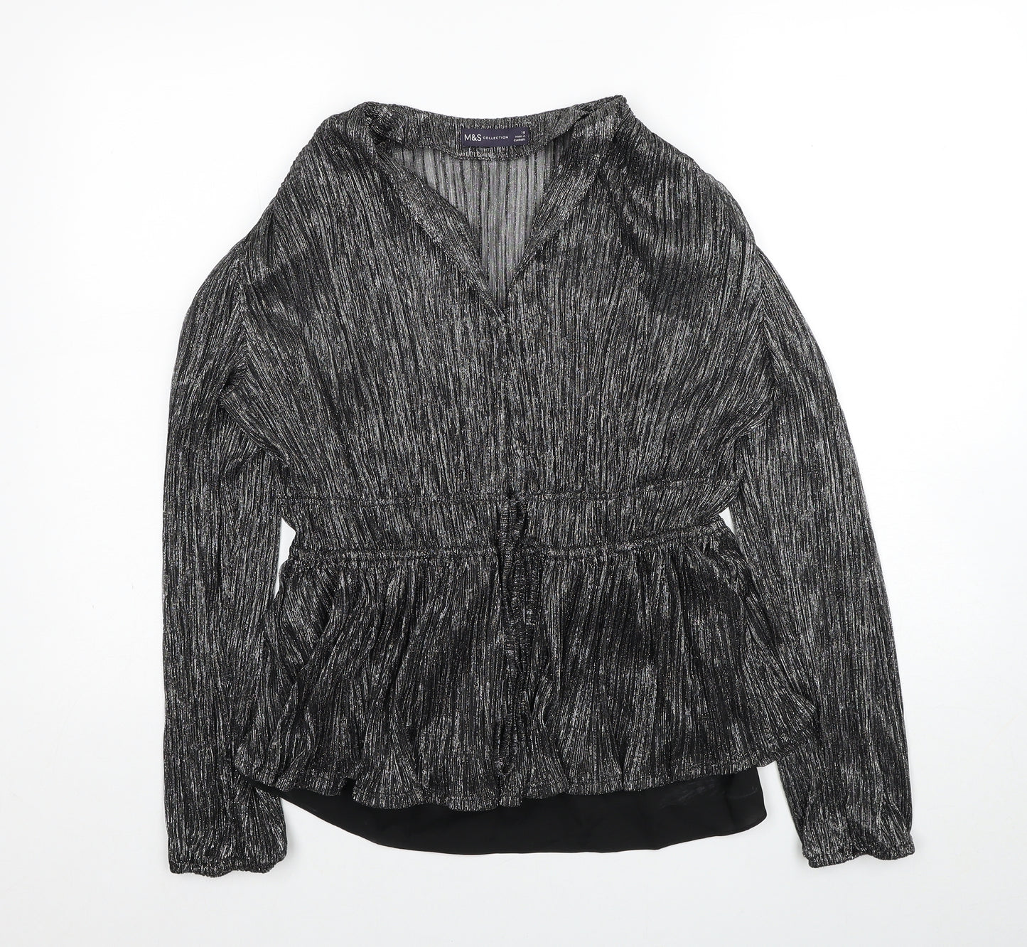 Marks and Spencer Womens Black Polyester Basic Blouse Size 10 V-Neck