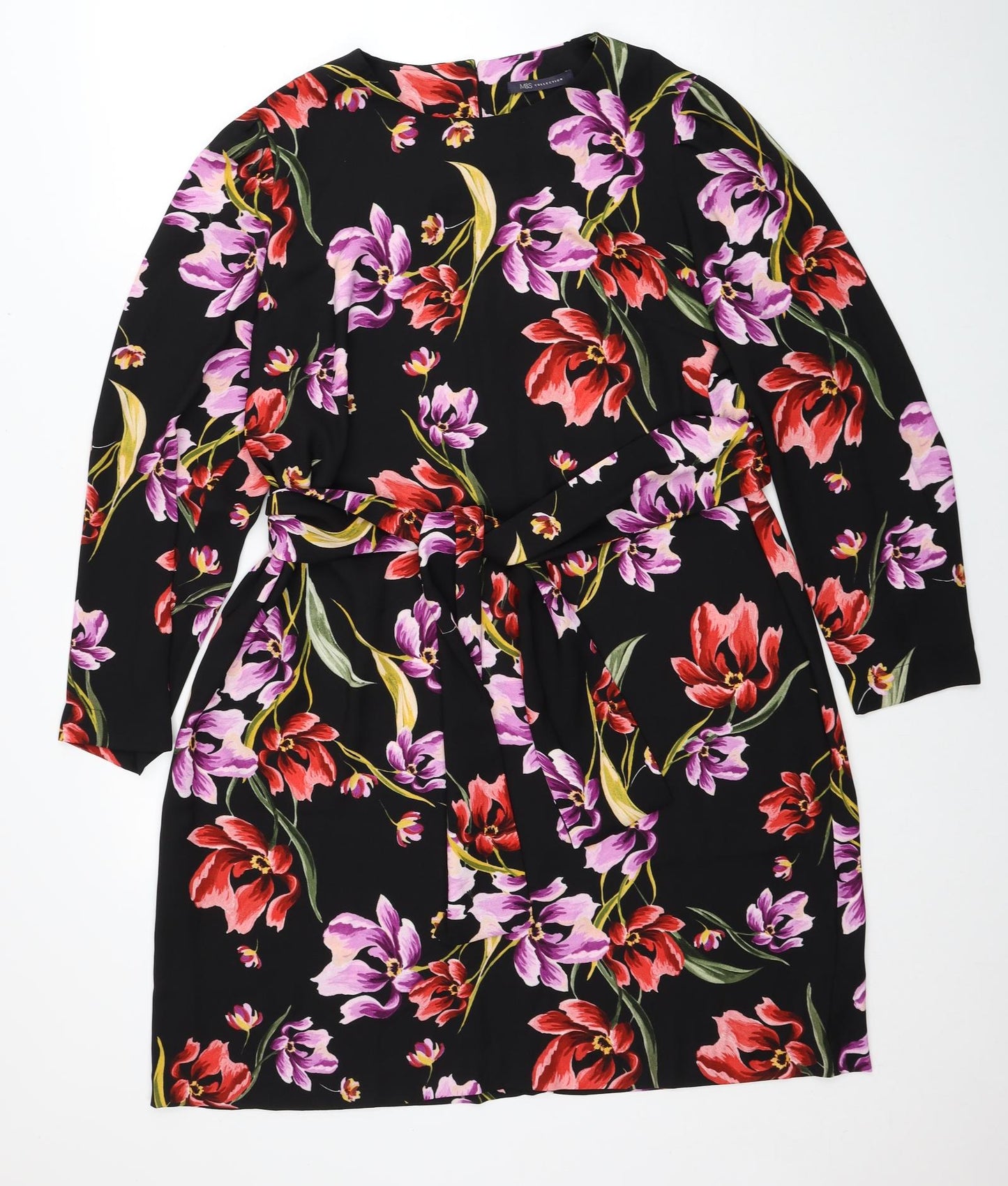 Marks and Spencer Womens Black Floral Polyester Shift Size 18 Round Neck Button