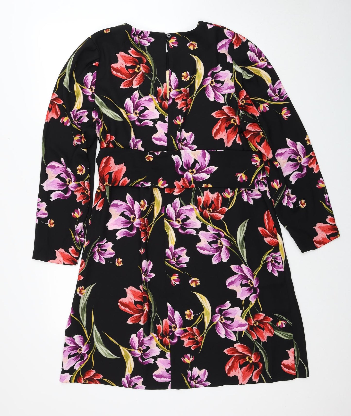 Marks and Spencer Womens Black Floral Polyester Shift Size 18 Round Neck Button
