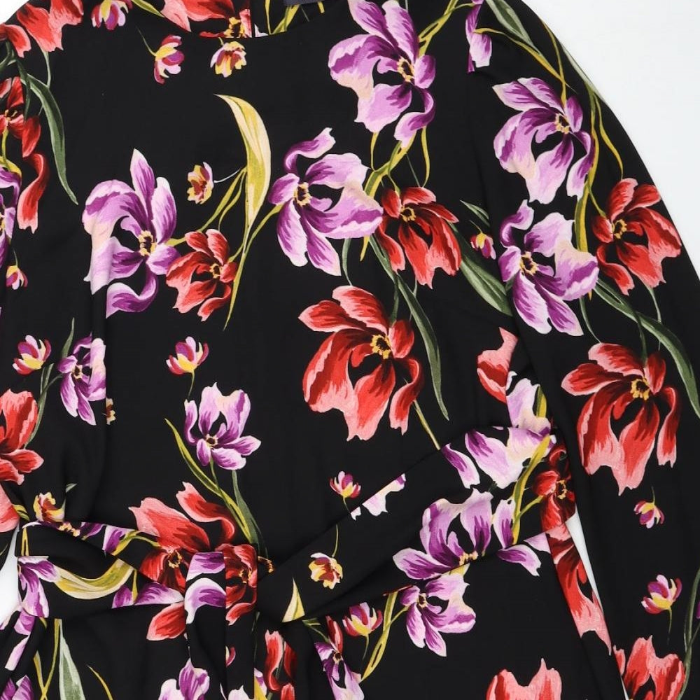 Marks and Spencer Womens Black Floral Polyester Shift Size 18 Round Neck Button