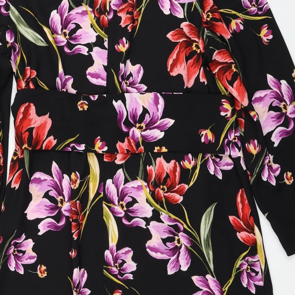 Marks and Spencer Womens Black Floral Polyester Shift Size 18 Round Neck Button