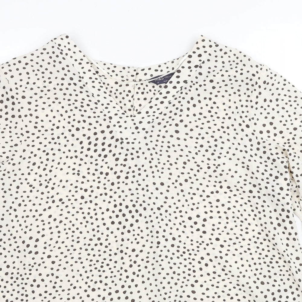 Marks and Spencer Womens Beige Geometric Polyester Basic Blouse Size 14 V-Neck