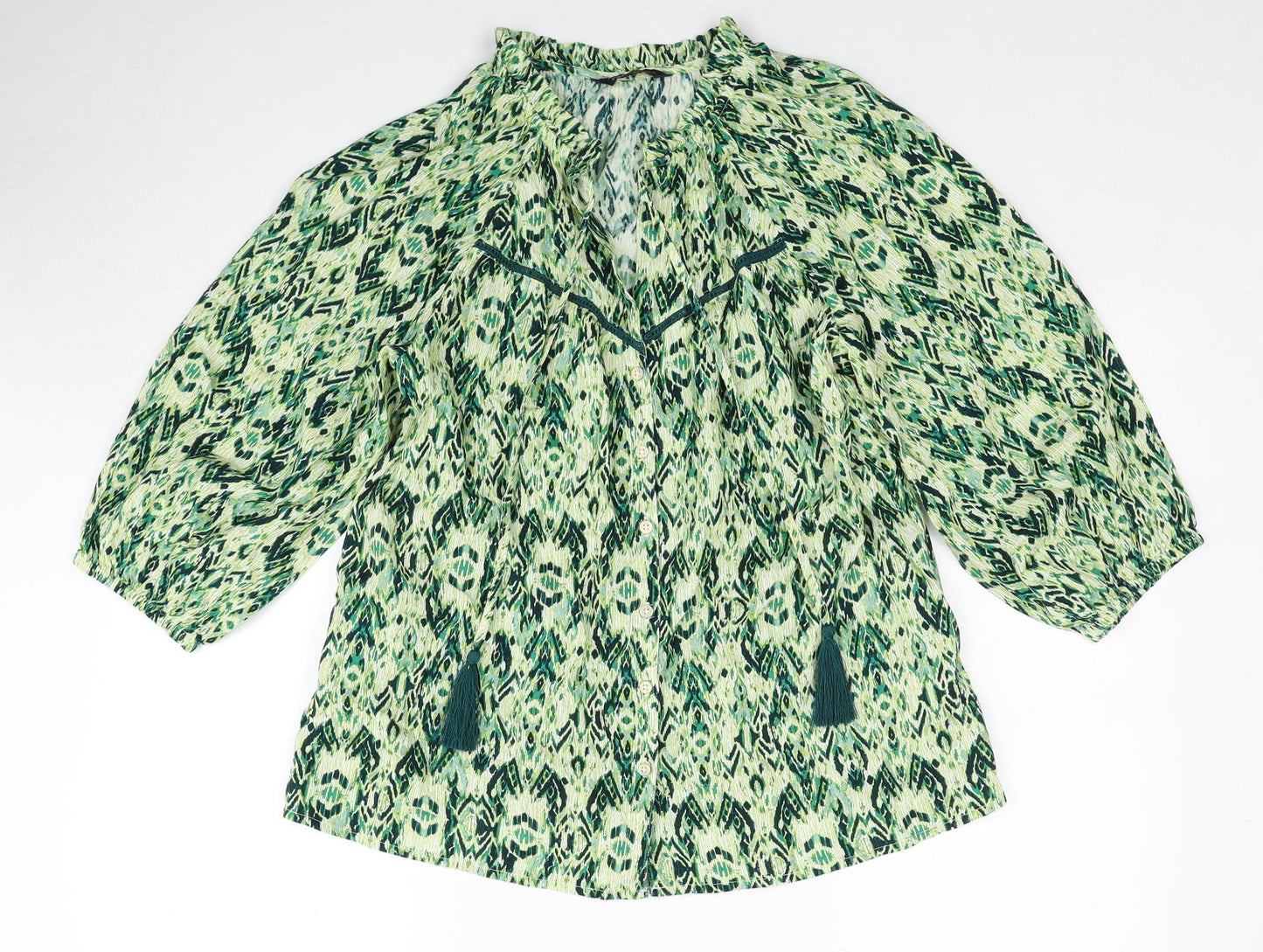 Marks and Spencer Womens Green Geometric Cotton Basic Blouse Size 12 V-Neck