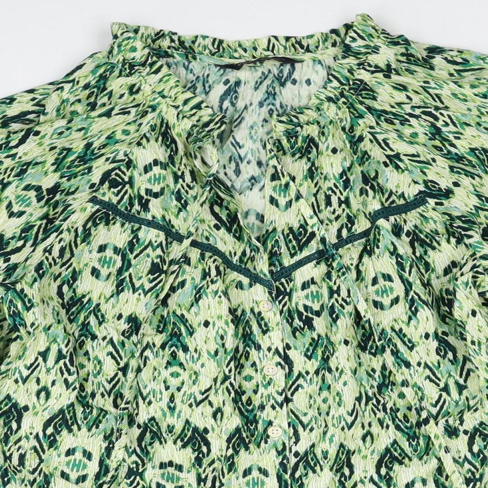Marks and Spencer Womens Green Geometric Cotton Basic Blouse Size 12 V-Neck