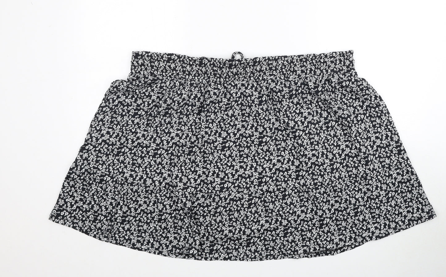 Marks and Spencer Womens Black Floral Cotton Skater Skirt Size 20 Drawstring