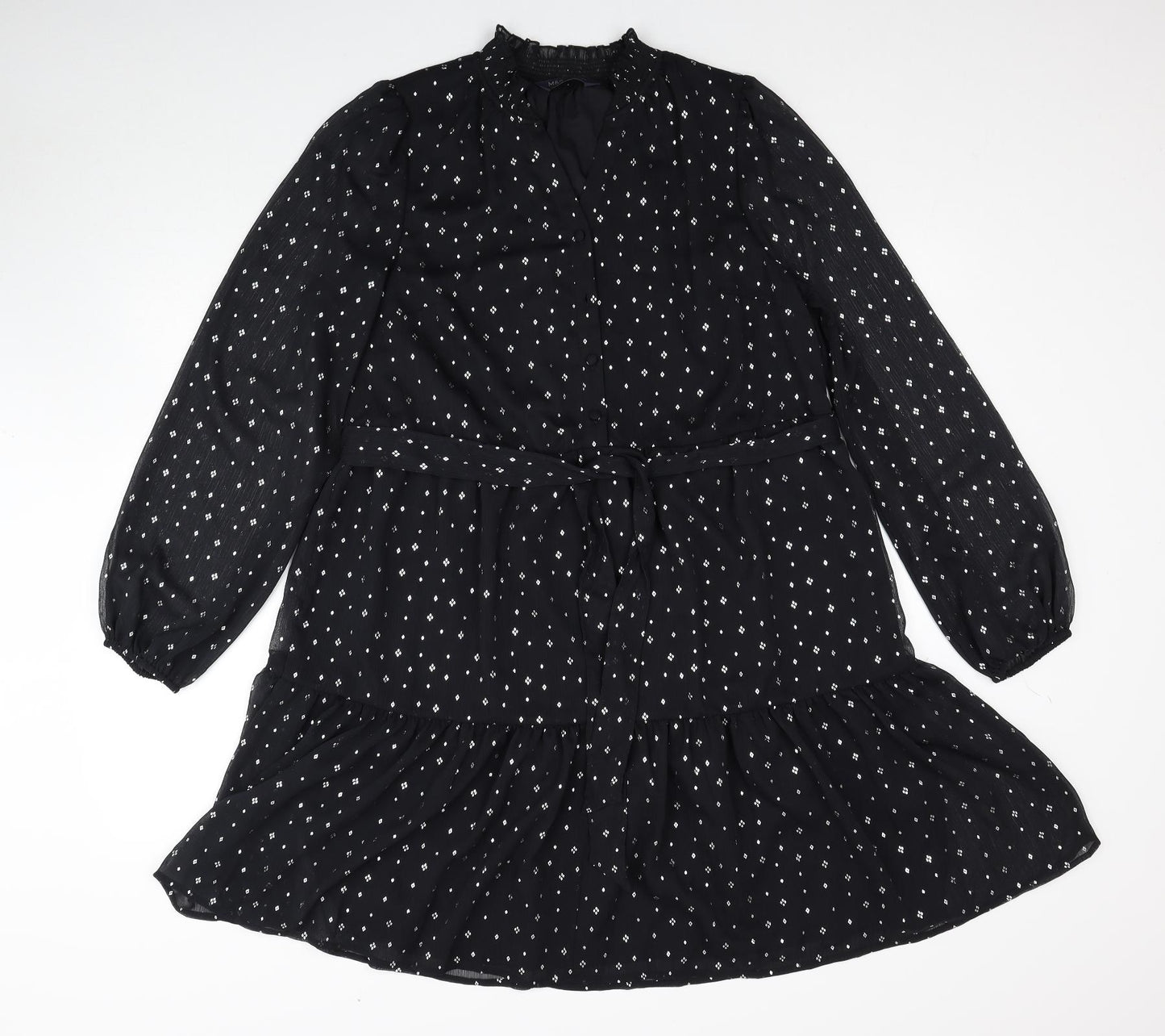 Marks and Spencer Womens Black Geometric Polyester Trapeze & Swing Size 14 V-Neck Button