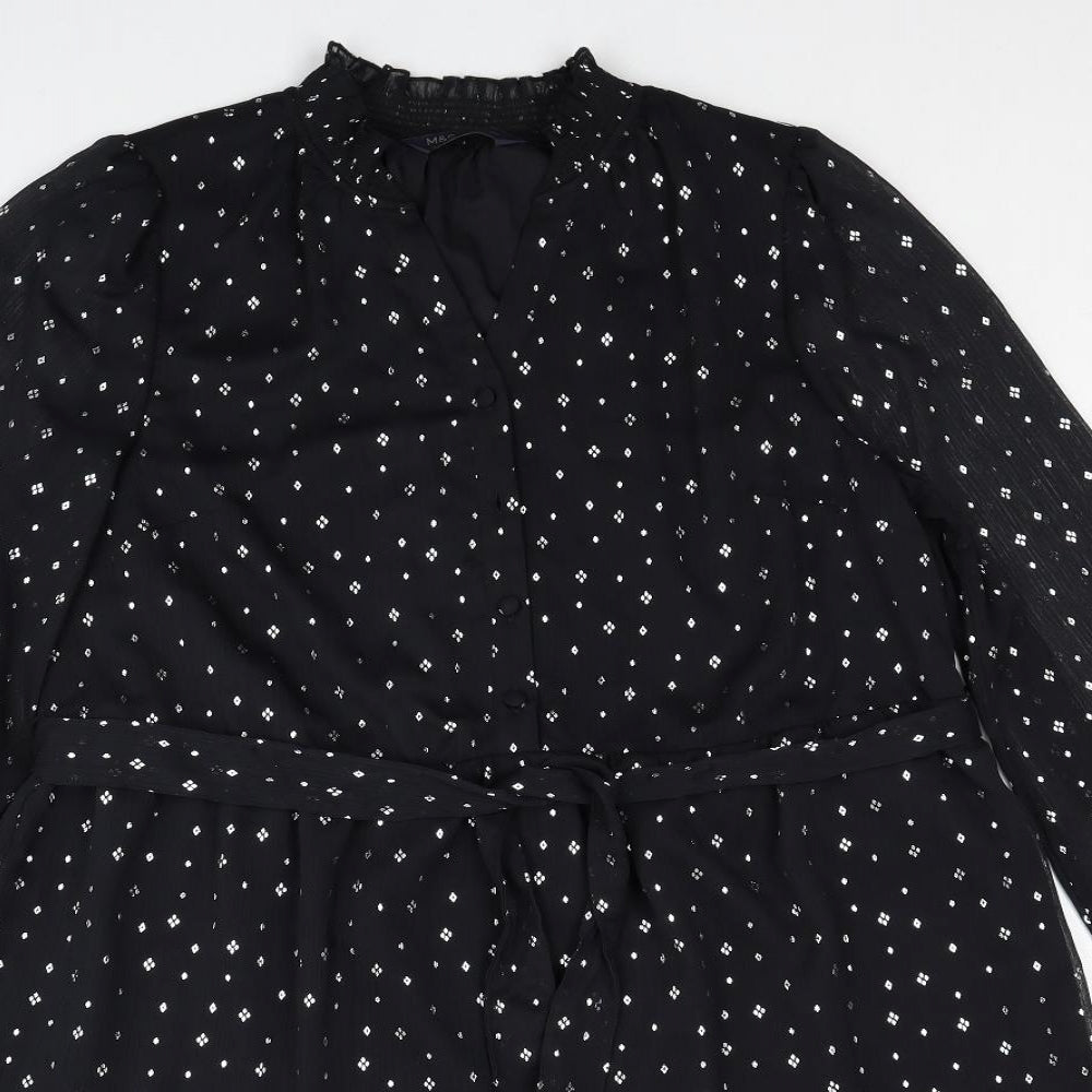 Marks and Spencer Womens Black Geometric Polyester Trapeze & Swing Size 14 V-Neck Button