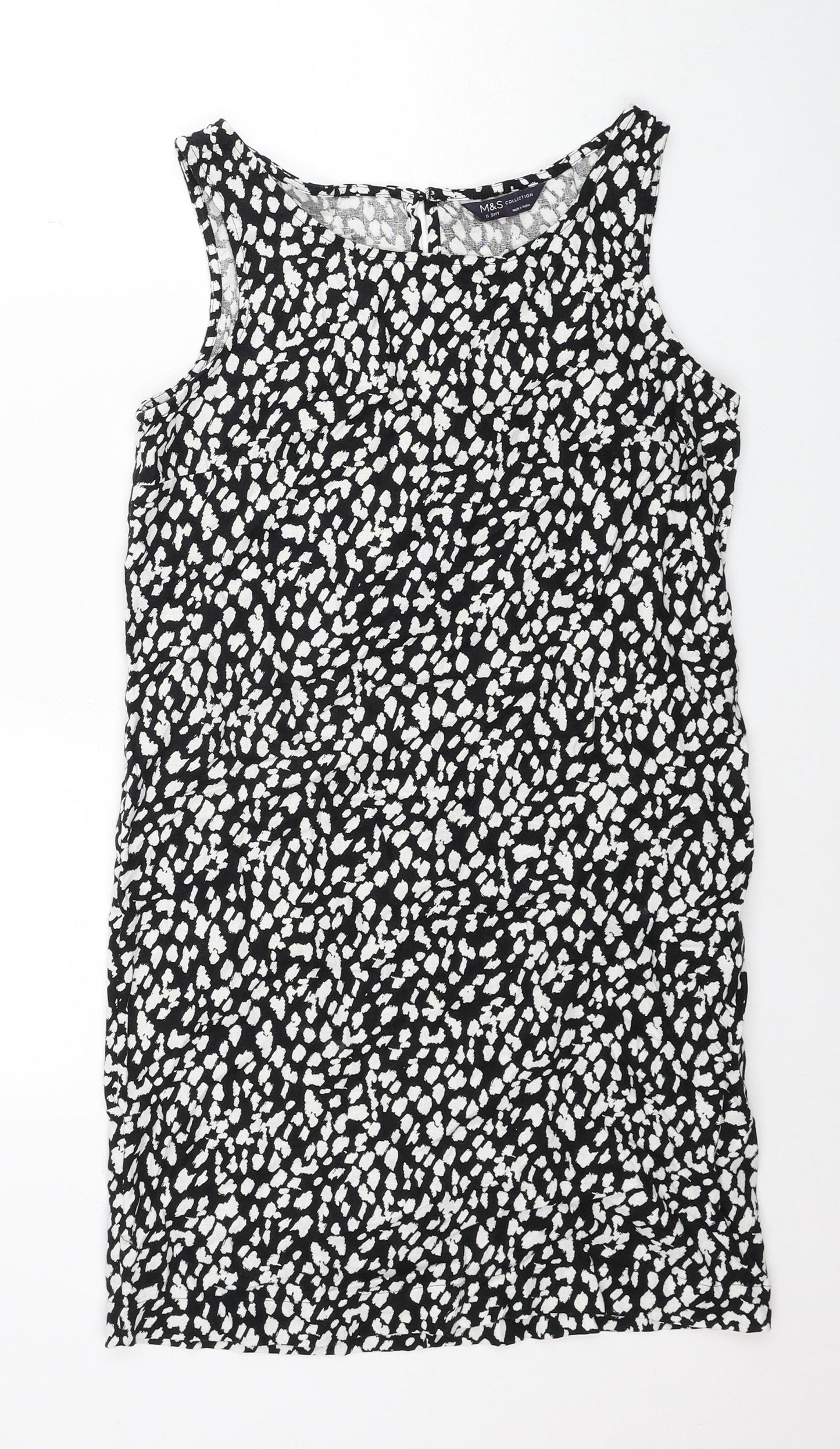 Marks and Spencer Womens Black Geometric Linen A-Line Size 6 Round Neck Button