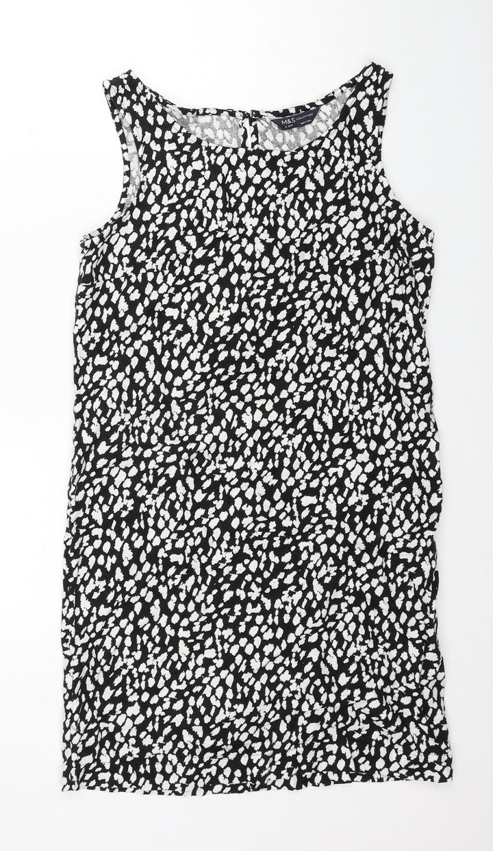 Marks and Spencer Womens Black Geometric Linen A-Line Size 6 Round Neck Button