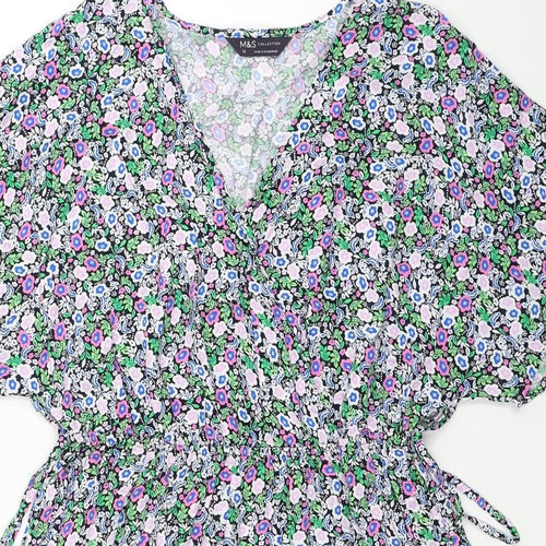 Marks and Spencer Womens Multicoloured Floral Viscose A-Line Size 12 V-Neck Pullover - Side Tie Detail