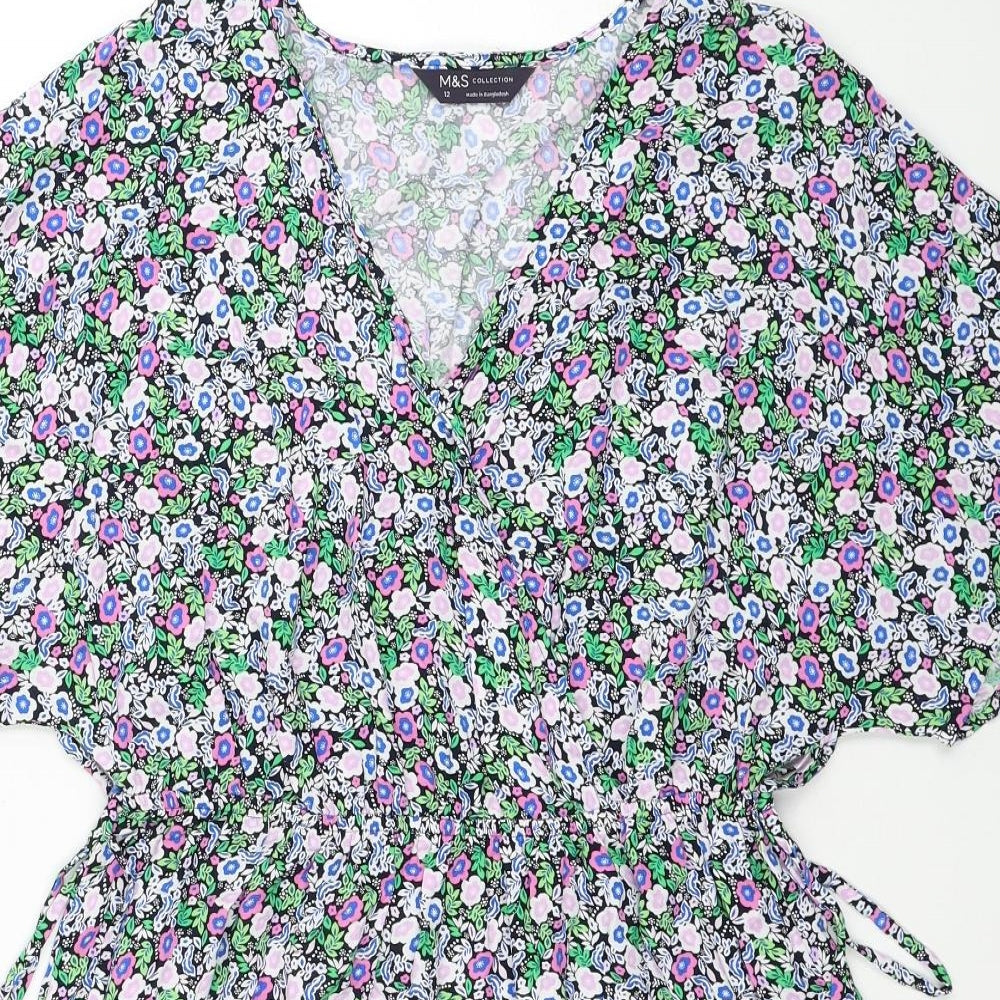 Marks and Spencer Womens Multicoloured Floral Viscose A-Line Size 12 V-Neck Pullover - Side Tie Detail