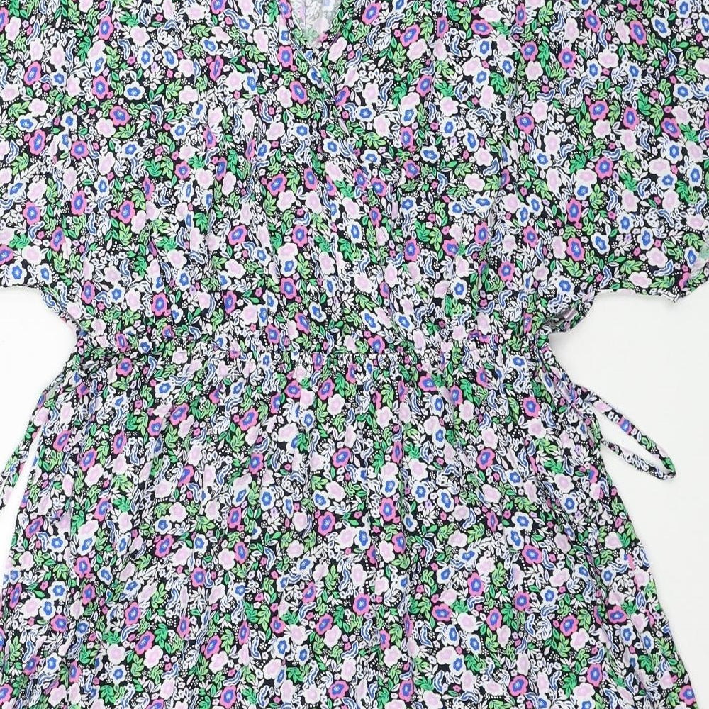 Marks and Spencer Womens Multicoloured Floral Viscose A-Line Size 12 V-Neck Pullover - Side Tie Detail