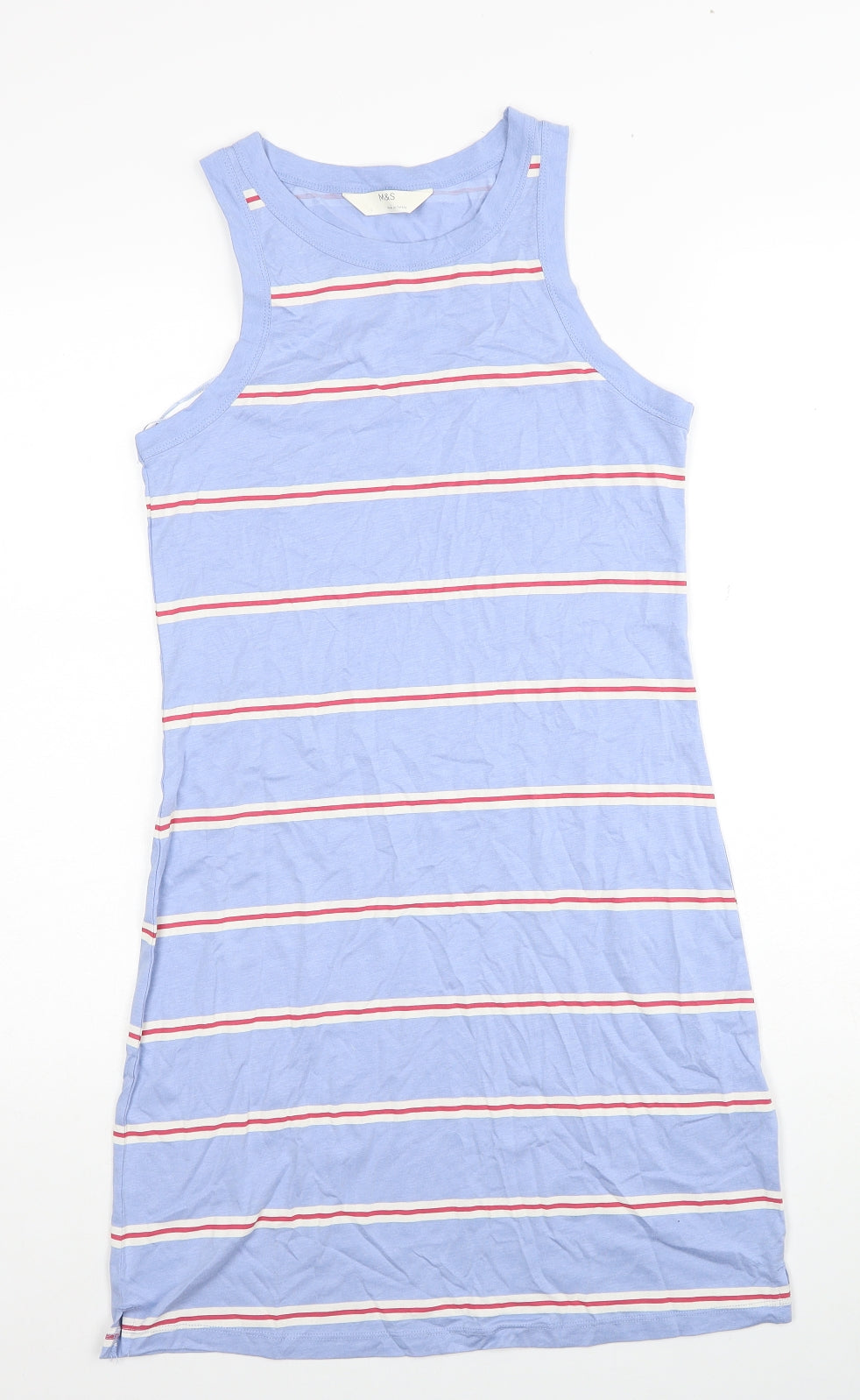 Marks and Spencer Womens Blue Striped Cotton Tank Dress Size S Scoop Neck Pullover