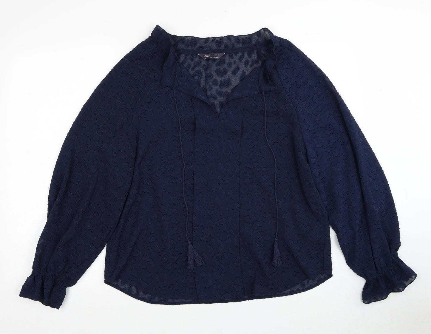 Marks and Spencer Womens Blue Animal Print Polyester Basic Blouse Size 12 V-Neck - Leopard Pattern