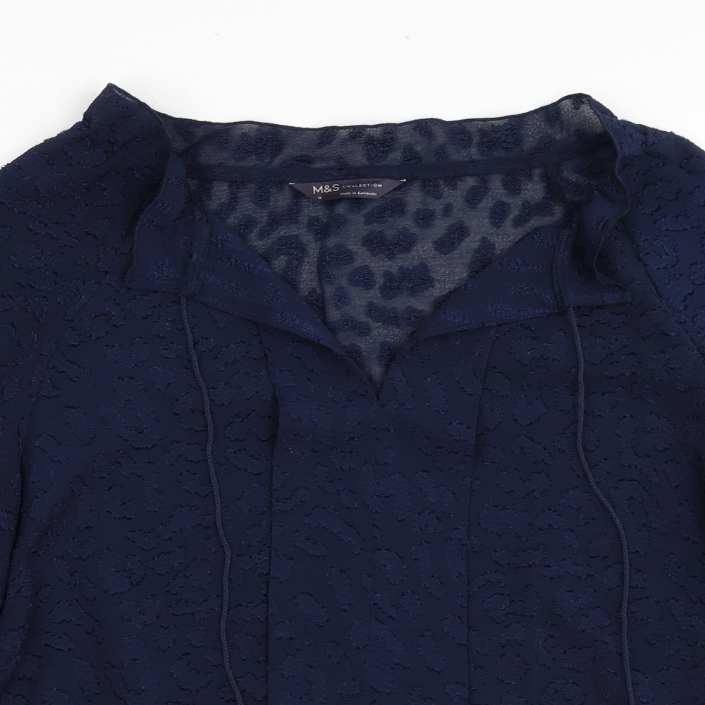 Marks and Spencer Womens Blue Animal Print Polyester Basic Blouse Size 12 V-Neck - Leopard Pattern