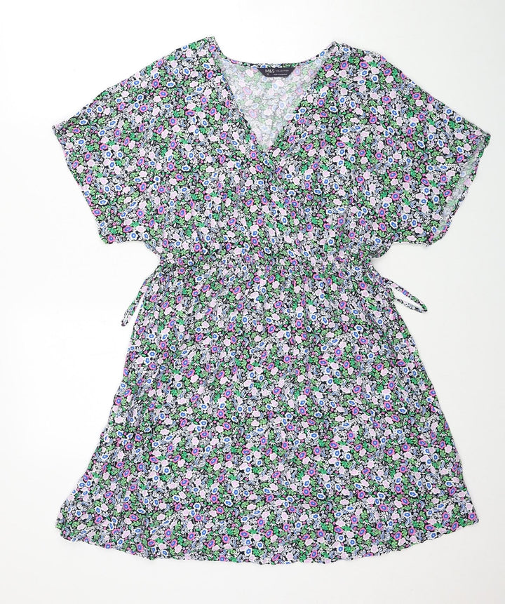 Marks and Spencer Womens Multicoloured Floral Viscose A-Line Size 10 V-Neck Pullover