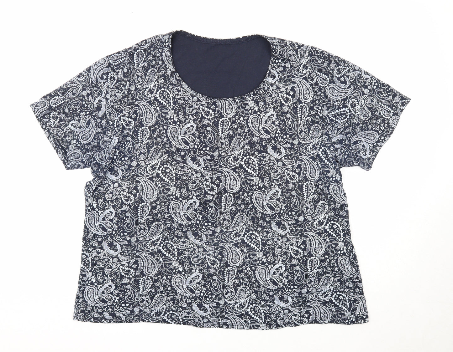 EWM Womens Blue Geometric Cotton Basic Blouse Size 24 Round Neck