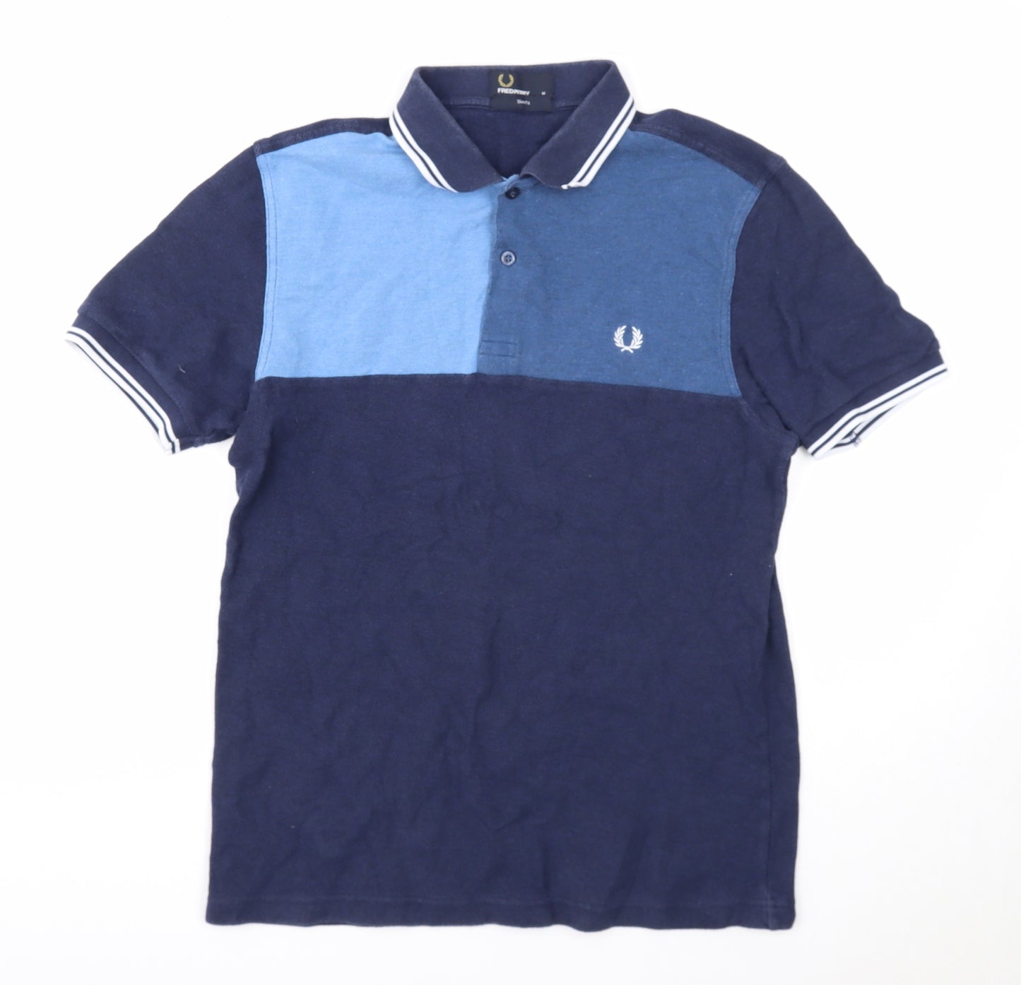 Fred Perry Mens Blue Colourblock Cotton Polo Size M Collared Button