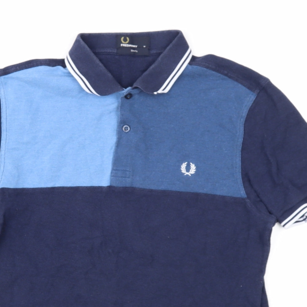 Fred Perry Mens Blue Colourblock Cotton Polo Size M Collared Button