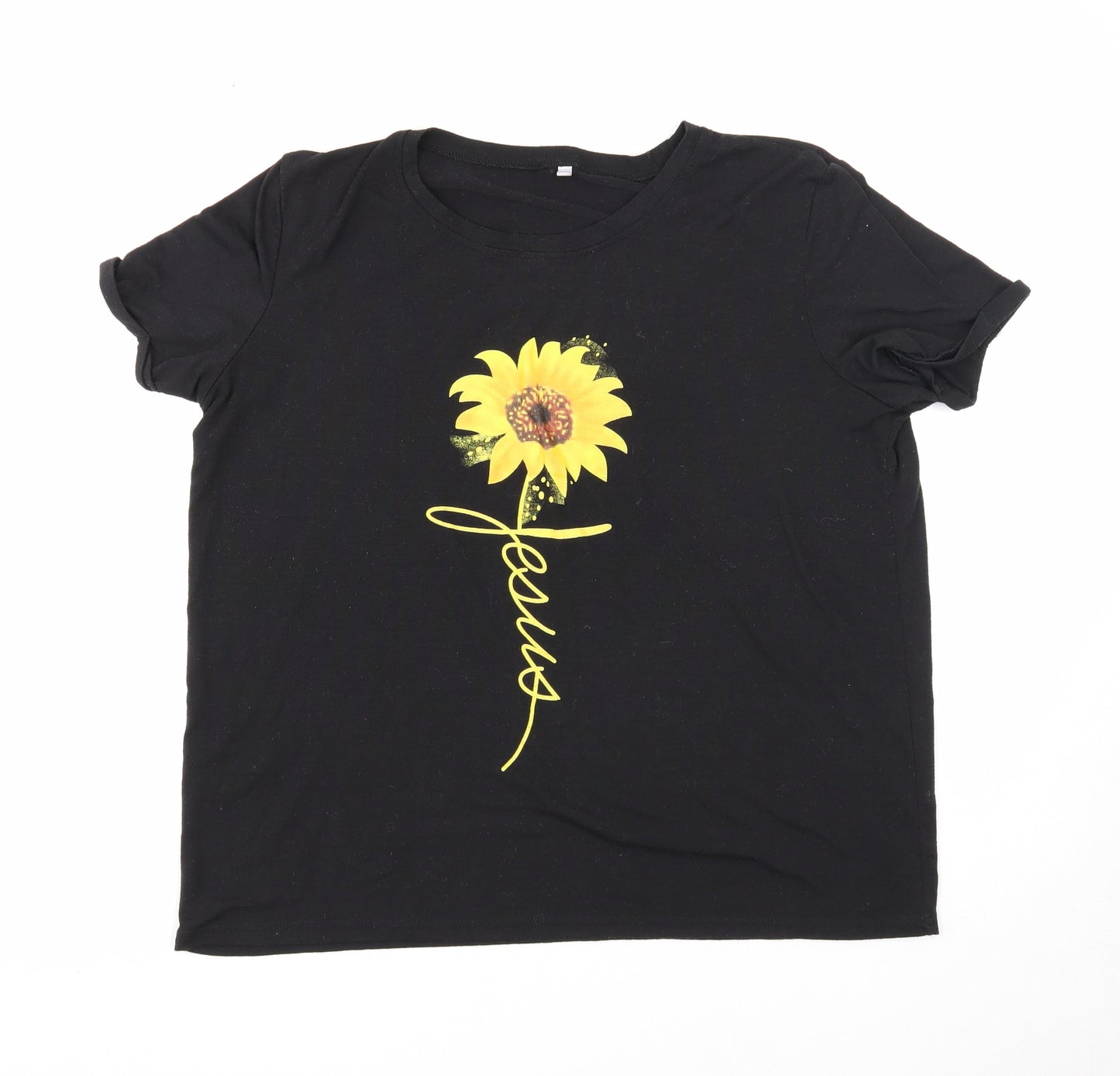 Preworn Womens Black Cotton Basic T-Shirt Size XL Round Neck - Sunflower Print