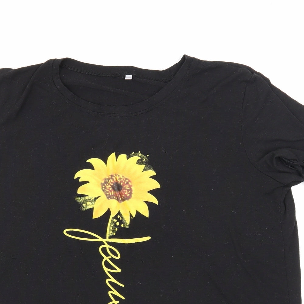 Preworn Womens Black Cotton Basic T-Shirt Size XL Round Neck - Sunflower Print