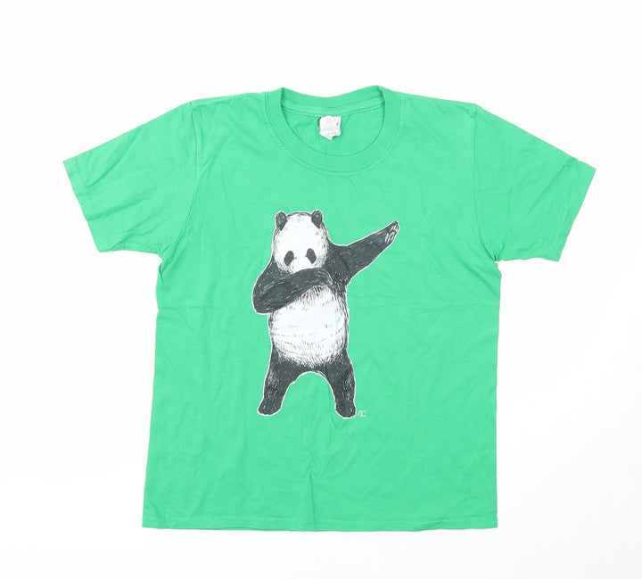 Gildan Boys Green Cotton Basic T-Shirt Size L Round Neck Pullover - Panda Dab